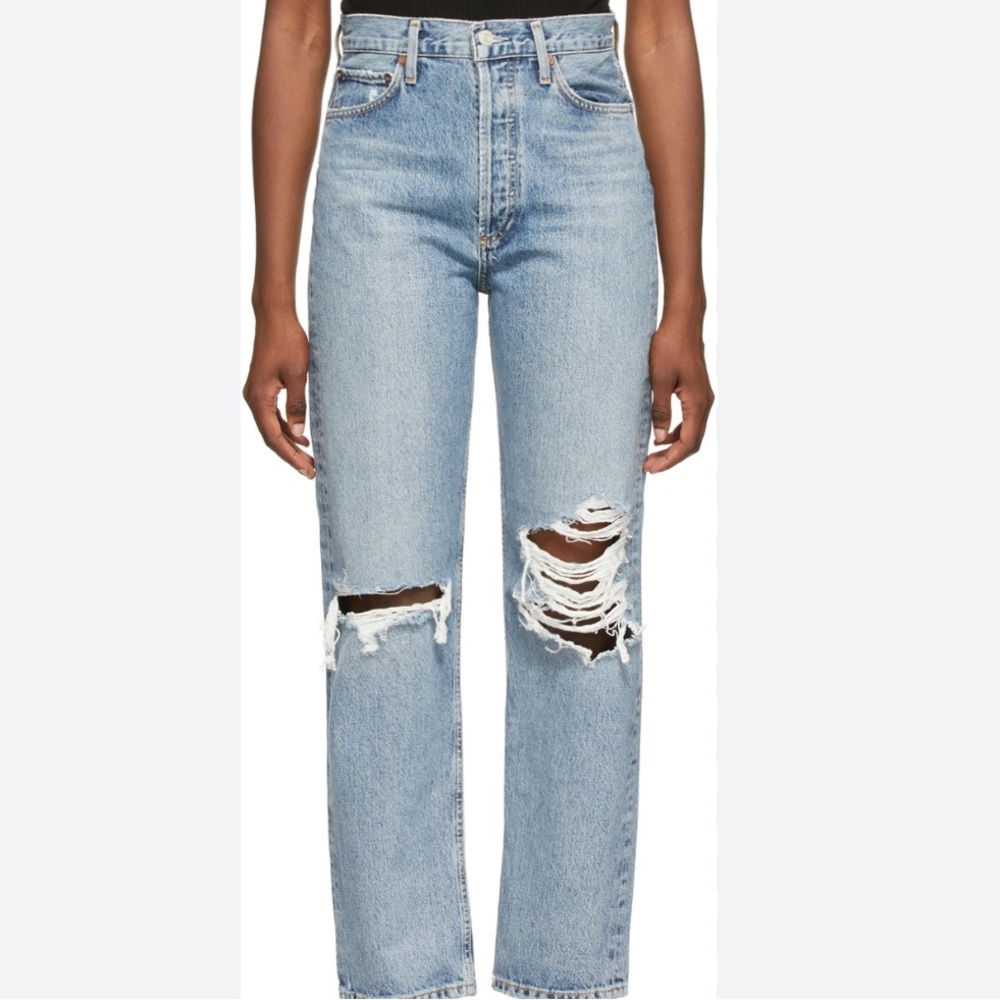 Agolde Light Blue Distressed Straight Leg Jeans